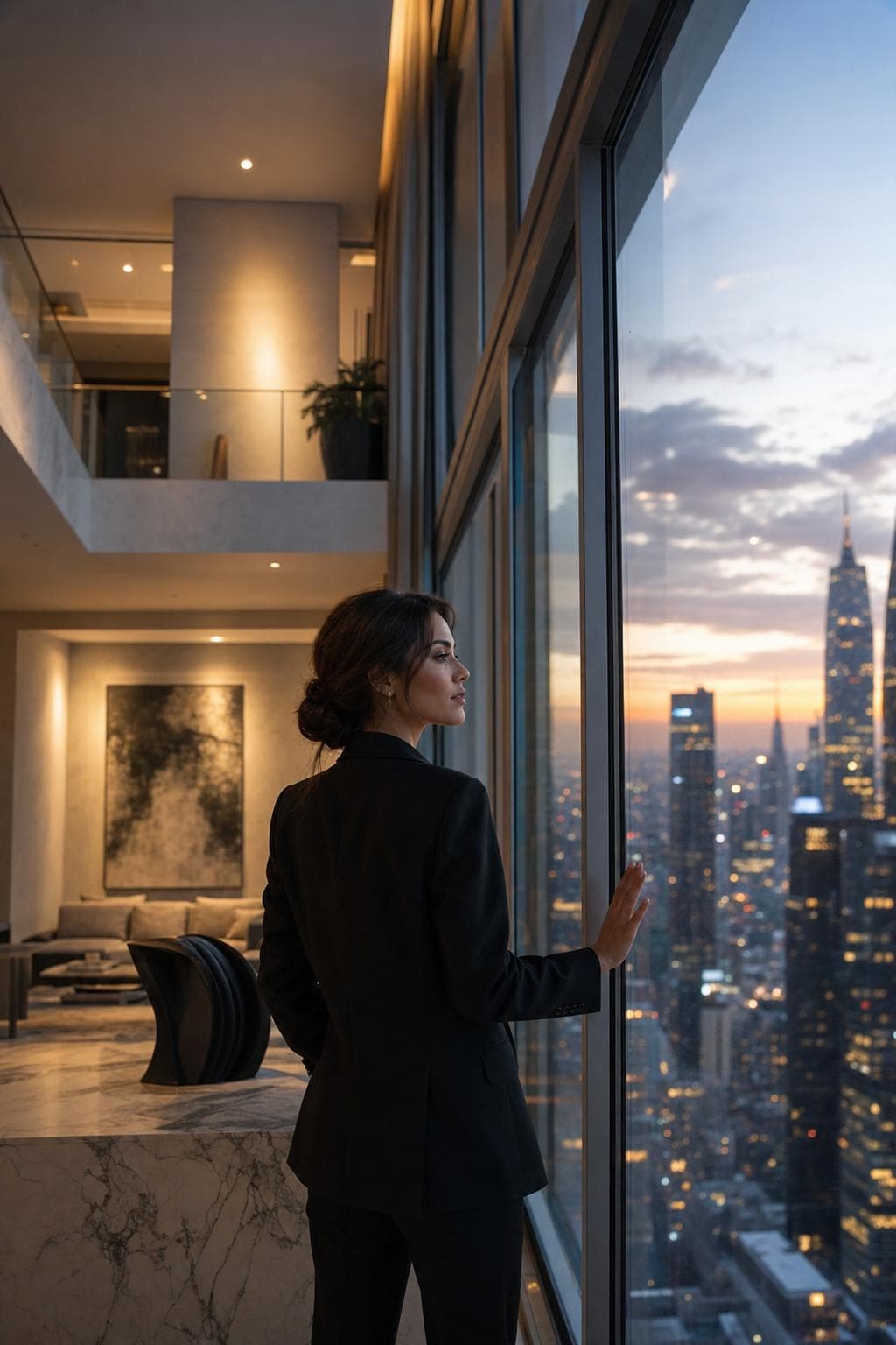A penthouse at dusk — the kind of life a single document can decide.
